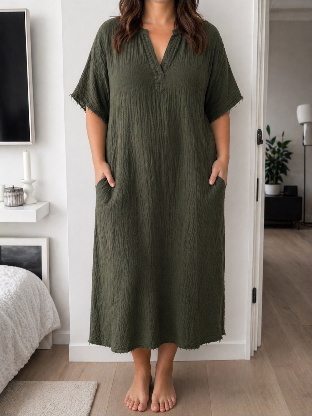 9seed Relaxed Olive Green V-Neck Midi Dress